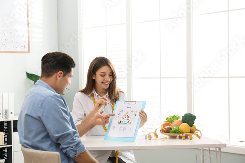 Young nutritionist consulting patient at table in clinic