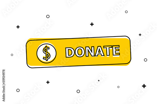 Yellow button "donate" in black circle. White background with black small elements.