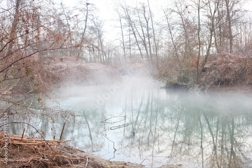 misty pond with fog in the countryside at winter time © Andrea