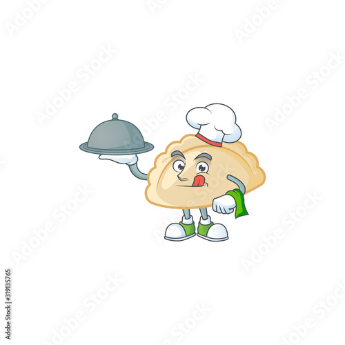 cartoon design of pierogi as a Chef having food on tray