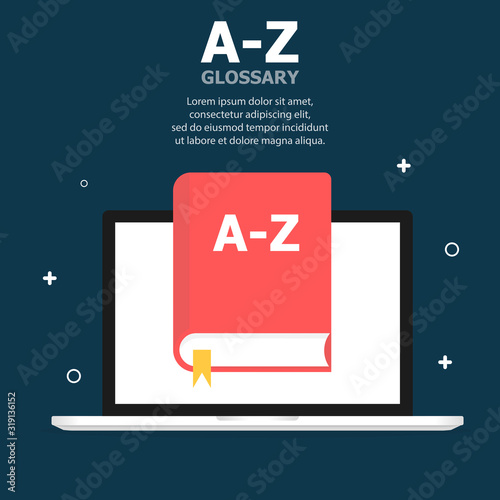 The red book A-Z glossary is depicted on the laptop screen. Above, white text is written. Dark blue background with objects.
