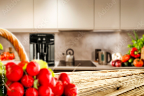 Table background of free space and kitchen interior 