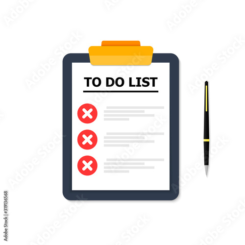 A blue tablet with a list of cases on a white background. The handle is on the right. Business icons are red.