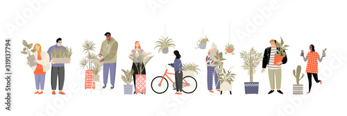 Set of illustrations of people doing home gardening and home plants in decorated and macram pots