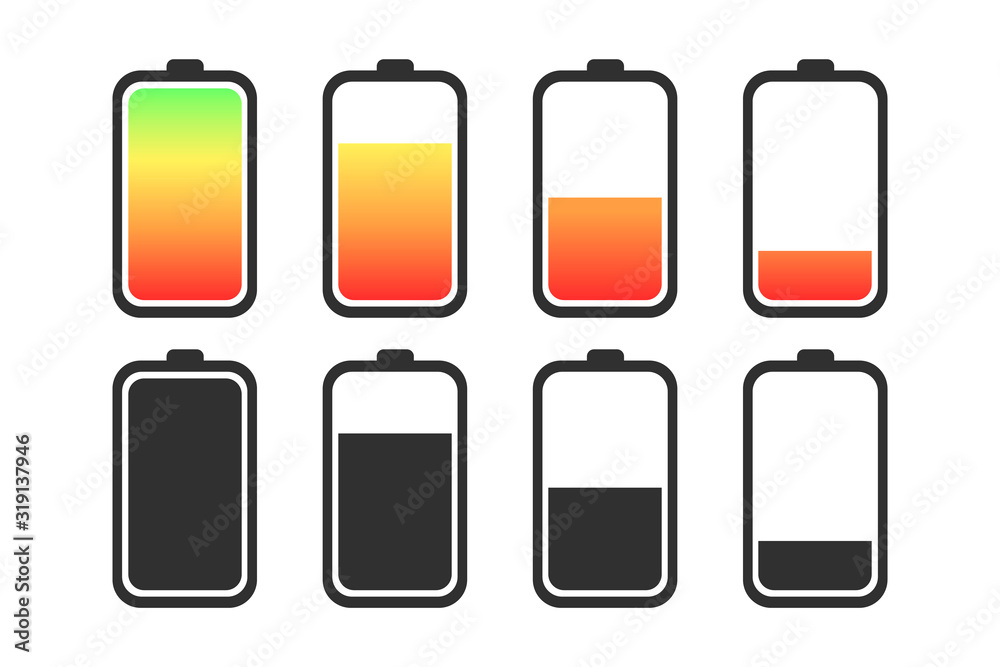 A set of batteries of different charge levels. White background. Multicolored and black and white.