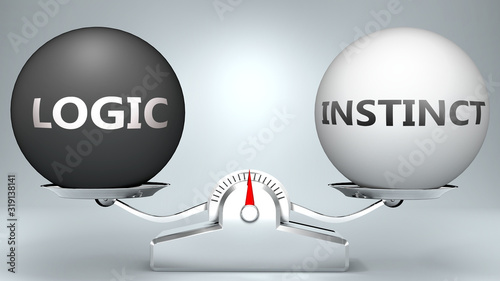 Logic and instinct in balance - pictured as a scale and words Logic, instinct - to symbolize desired harmony between Logic and instinct in life, 3d illustration photo