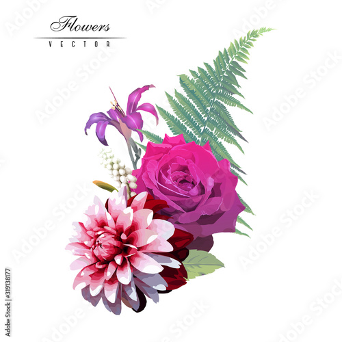 Bouquet of roses and chrysanthemum  watercolor  can be used as greeting card  invitation card for wedding  birthday and other holiday and  summer background. Vector illustration.