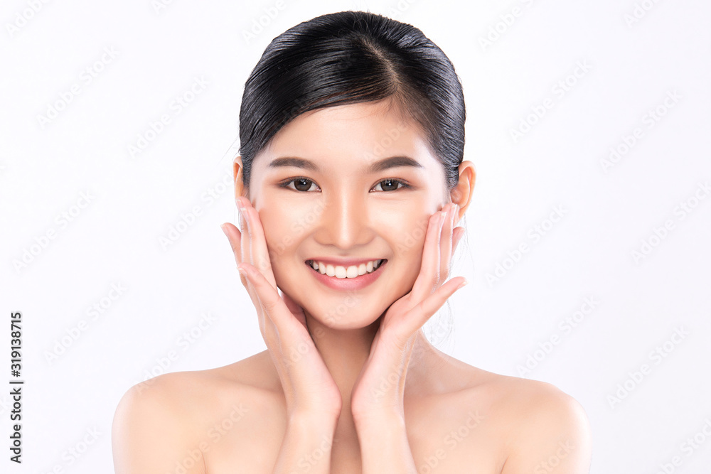 Portrait beautiful young asian woman clean fresh bare skin concept. Asian girl beauty face skincare and health wellness, Facial treatment, Perfect skin, Natural makeup, on white background,two Portrait beautiful young asian woman clean fresh bare skin concept. Asian girl beauty face skincare and health wellness, Facial treatment, Perfect skin, Natural makeup, on white background,two