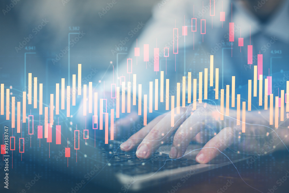 Forex graph with businessman working on computer in office on background. Concept of hardworking. Multi exposure. Forex graph with businessman working on computer in office on background. Concept of hardworking. Multi exposure.