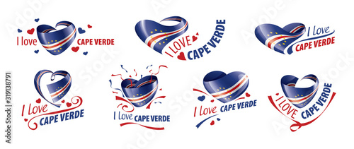 National flag of the Cape Verde in the shape of a heart and the inscription I love Cape Verde. Vector illustration