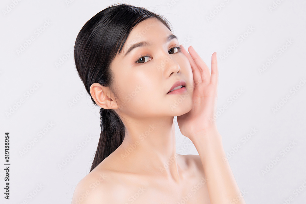 Portrait beautiful young asian woman clean fresh bare skin concept. Asian girl beauty face skincare and health wellness, Facial treatment, Perfect skin, Natural makeup, on white background,two Portrait beautiful young asian woman clean fresh bare skin concept. Asian girl beauty face skincare and health wellness, Facial treatment, Perfect skin, Natural makeup, on white background,two