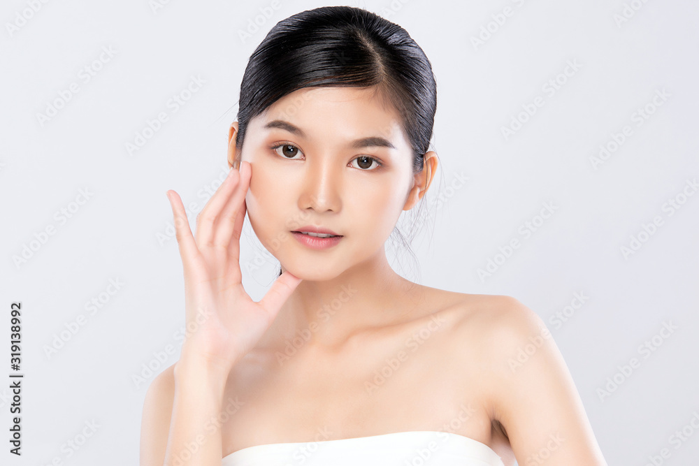 Portrait beautiful young asian woman clean fresh bare skin concept. Asian girl beauty face skincare and health wellness, Facial treatment, Perfect skin, Natural makeup, on white background,two Portrait beautiful young asian woman clean fresh bare skin concept. Asian girl beauty face skincare and health wellness, Facial treatment, Perfect skin, Natural makeup, on white background,two