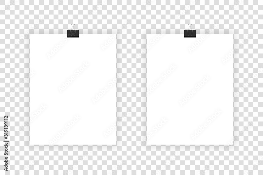 Two white realistic sheets hang on paper clips on a transparent background. Two white realistic sheets hang on paper clips on a transparent background.