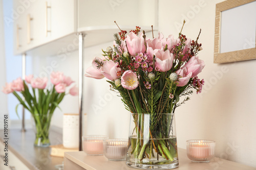 Wallpaper Mural Beautiful bouquet with spring pink tulips on table indoors. Space for text Torontodigital.ca