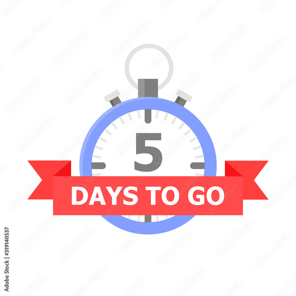 The blue clock with the number 5 and the red tape on which is written The blue clock with the number 5 and the red tape on which is written