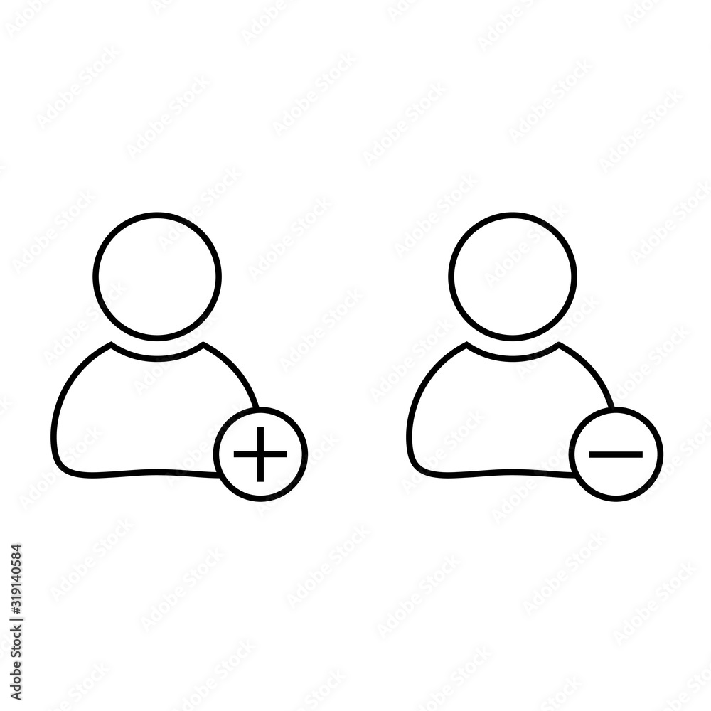 Symbol of add and remove user in thin outline flat style. Icon for web site design, logo, app, isolated on white background. Vector illustration eps 10 Symbol of add and remove user in thin outline flat style. Icon for web site design, logo, app, isolated on white background. Vector illustration eps 10