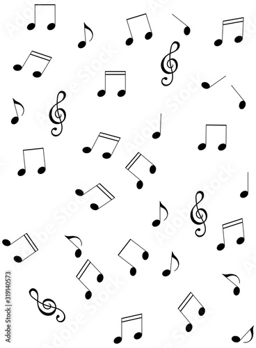 Musical notes, treble clef seamless pattern. Note elements in random order texture background. Monochromatic