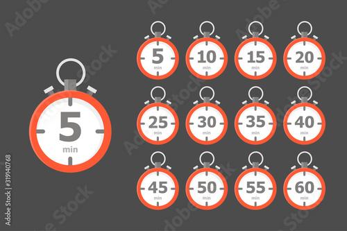 Set of red clocks, each showing a time interval of 5 minutes, is depicted on a dark gray background.
