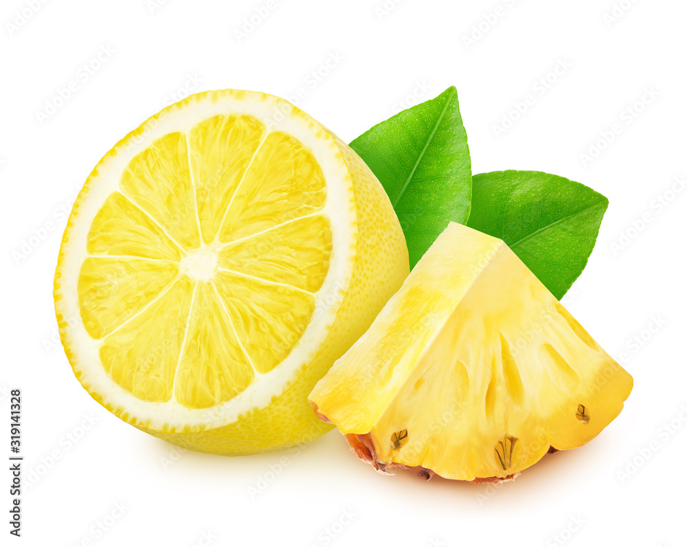 Composite image with cutted fruits: lemon and pineapple isolated on a white background. Healthy eating concept. Composite image with cutted fruits: lemon and pineapple isolated on a white background. Healthy eating concept.