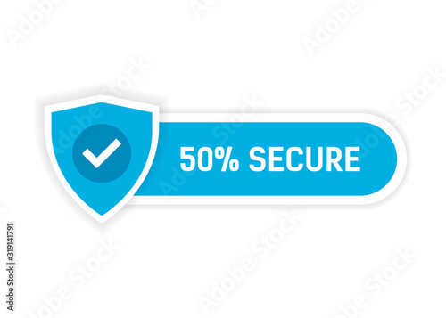 Blue object with a security shield and the inscription "50% secure" on a white background.