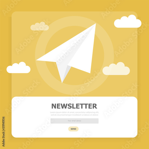 A window with a white plane and a subscription to news on the Internet on a yellow background.