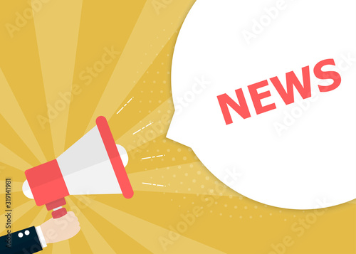 The hand holds the loudspeaker, and the news is written downstairs on the red tape and on the yellow background.