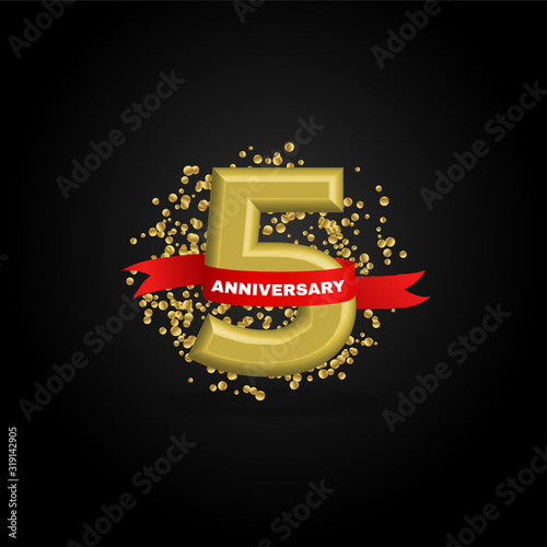 5th golden anniversary logo celebration with red ribbon and gold confetti. Vector template element for your 5 birthday party poster greeting card on black background.