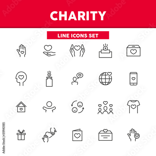 Charity simple set line icons. Vector illustration symbol elements for web design. Concept of help.