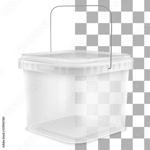 Vector transparent square empty plastic bucket with metallic handle. Front view from the corner.