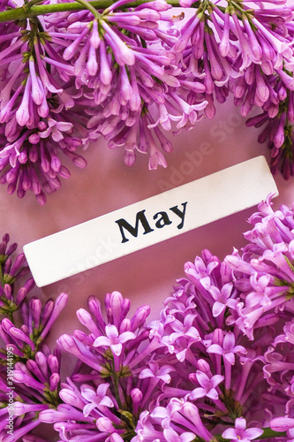 Wooden calendar spring month of May and flowers of lilac on pink background, close up. Copy space. Minimal style. Template for greeting card, text, design. Hello May concept.