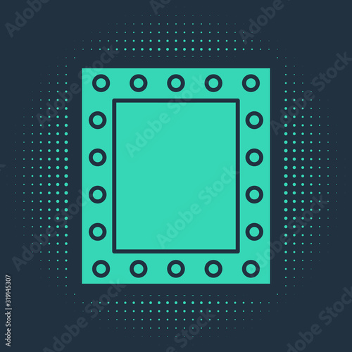 Green Makeup mirror with lights icon isolated on blue background. Abstract circle random dots. Vector Illustration