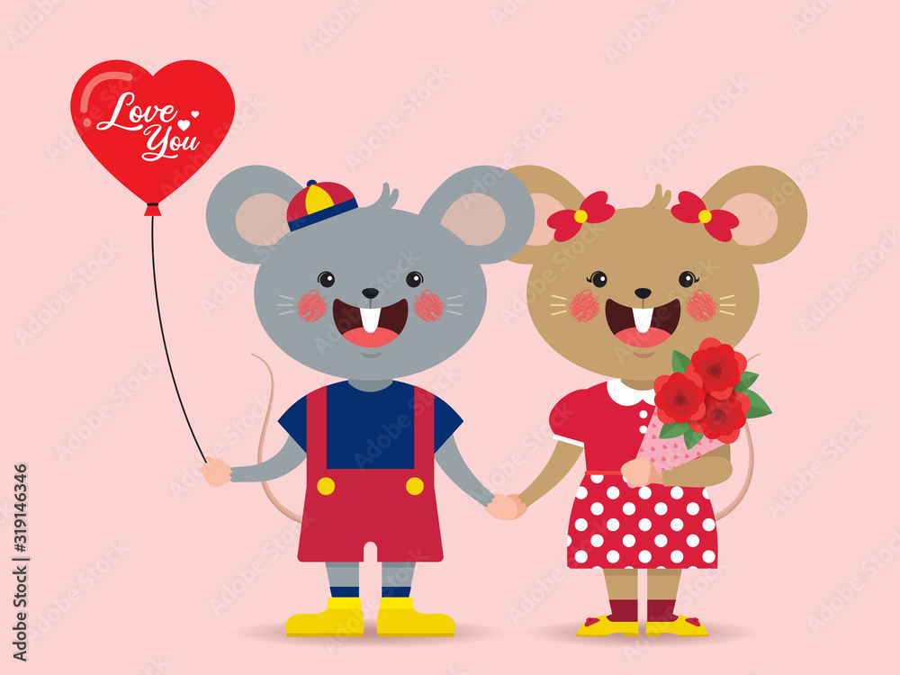 Valentine's day character flat design. Cartoon mouse couple holding hand with red heart balloon and bouquet isolated on pink background. 14 february vector illustration. Valentine's day character flat design. Cartoon mouse couple holding hand with red heart balloon and bouquet isolated on pink background. 14 february vector illustration.