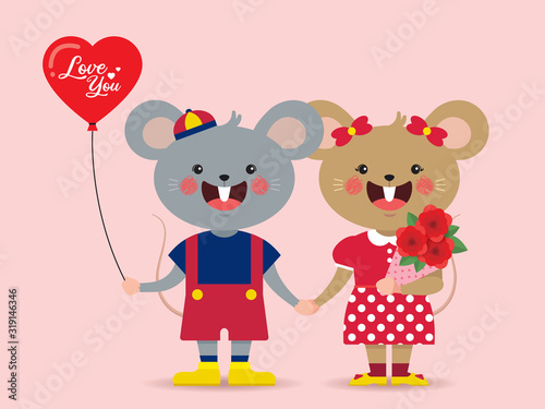 Valentine's day character flat design. Cartoon mouse couple holding hand with red heart balloon and bouquet isolated on pink background. 14 february vector illustration.