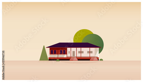 Minimalist Vector cartoon landmark of Sabarmati ashram Ahmedabad in west India.Gandhi Ashram, Harijan Ashram,or Satyagraha Ashram. Travel in India concept.With noise and grainy texture