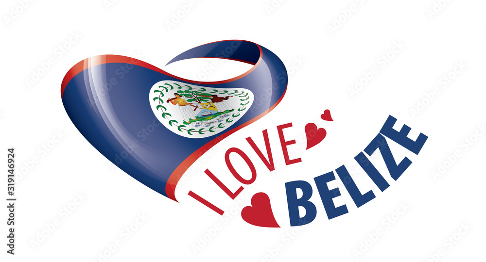 Naklejka premium National flag of the Belize in the shape of a heart and the inscription I love Belize. Vector illustration