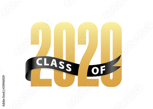 Class of 2020 Gold Lettering Graduation 3d logo with ribbon. Template for graduation design, party, high school or college graduate, yearbook. Vector illustration