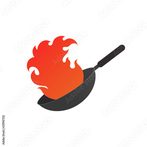Pan with fire. Wok logo vector illustration with red flames