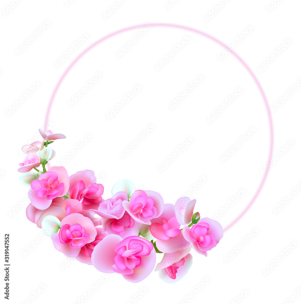 Realistic pink and white begonia flower On the background is a round pink frame. floral for wedding invitations and greeting card template design. Vector EPS file.
