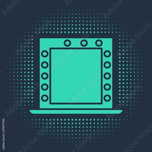 Green Makeup mirror with lights icon isolated on blue background. Abstract circle random dots. Vector Illustration