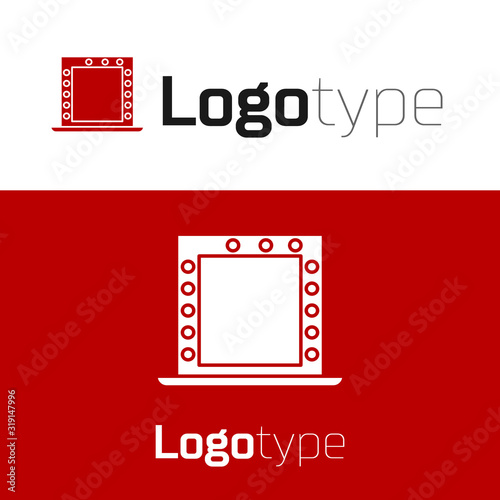 Red Makeup mirror with lights icon isolated on white background. Logo design template element. Vector Illustration