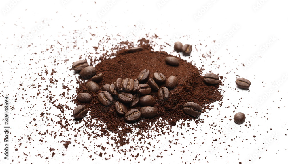 Coffee powder and beans for espresso isolated on white background