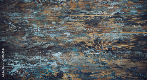 Obraz na płótnie Old shabby wooden boards, background with traces of blue paint, texture of old wood, vintage, rustic, traces of paint, dark blue, brown,black w salonie