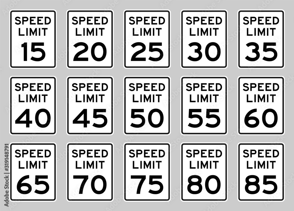 USA speed limit road sign set fro 15 to 85 mph