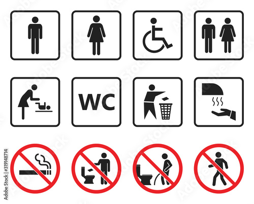 wc toilet sign set, restroom icons and prohibited symbols