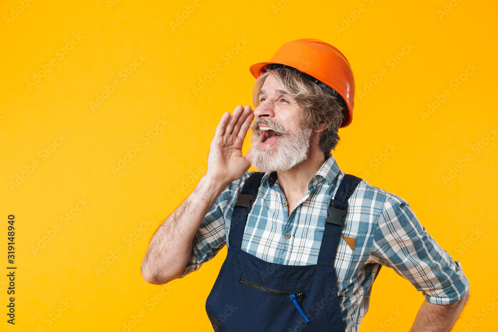 Happy elderly grey-haired man screaming aside. Happy elderly grey-haired man screaming aside.