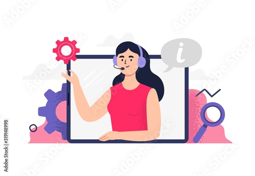 Beautiful girl answers phone calls, chatting with customers and help clients. Flat Vector illustration good for telemarketing, call centers, helpline or customer service. 
