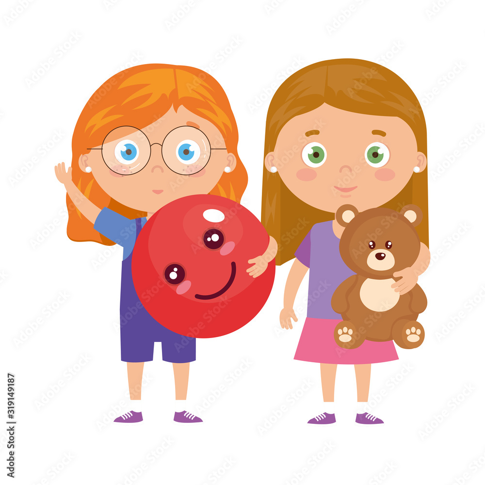 group of little girls with teddy bear and ball vector illustration design