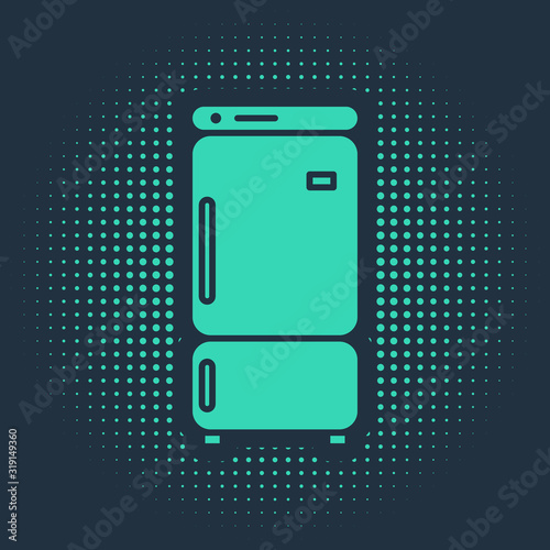 Green Refrigerator icon isolated on blue background. Fridge freezer refrigerator. Household tech and appliances. Abstract circle random dots. Vector Illustration