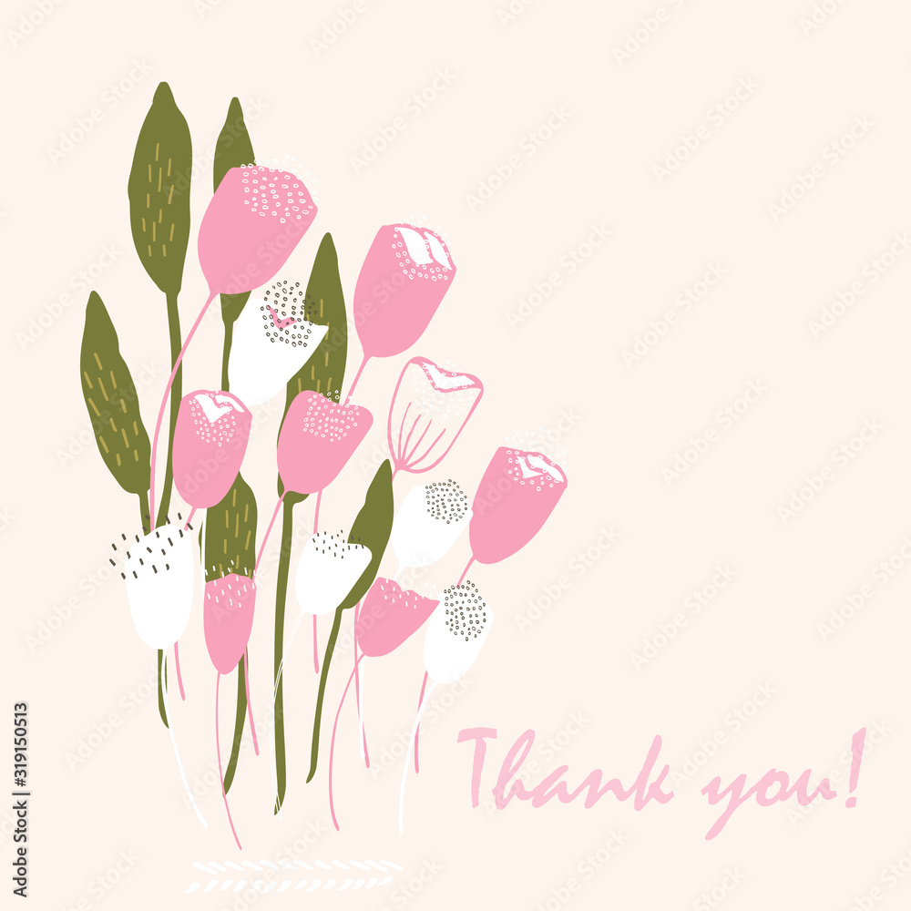 Fototapeta premium Cute greeting card template. Vector card with place for text. Romantic doodle flowers in hand drawn style and pastel colors.