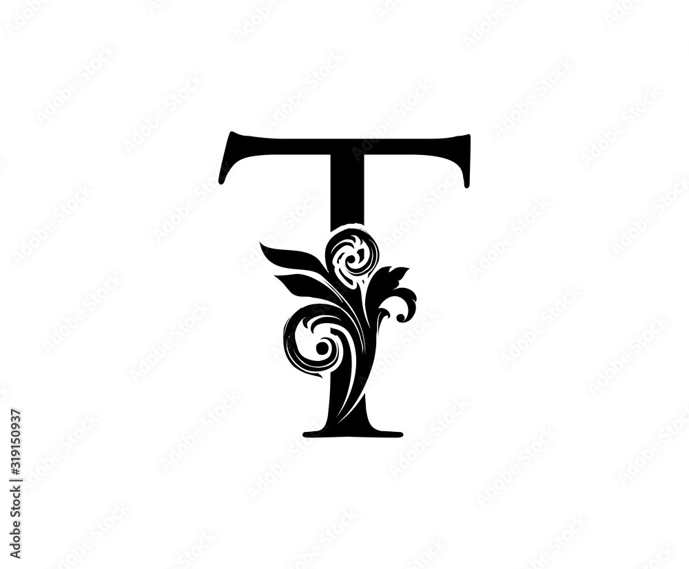 Elegant T Letter Swirl Logo. Black T With Classy Leaves Shape design perfect for fashion, Jewelry, Beauty Salon, Cosmetics, Spa, Hotel and Restaurant Logo. 